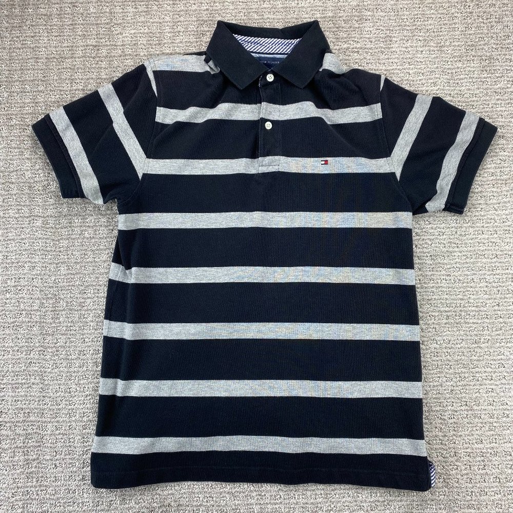 Tommy Hilfiger Polo Shirt Men Medium M Black Gray Stripe Casual Golf Embroidered